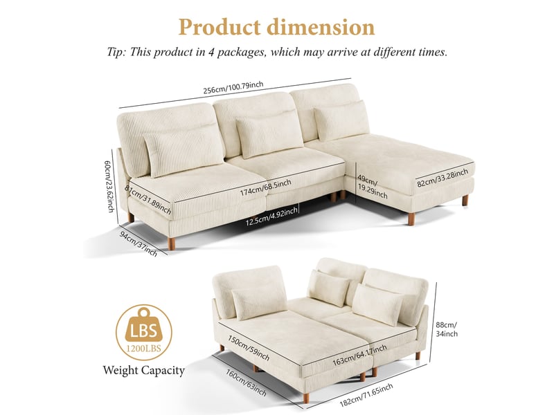 Canapé d'angle réversible en velours cotelé - 2 places + méridienne - beige - 256 x 160 x 88 cm 256x160x88cm - Conforama R