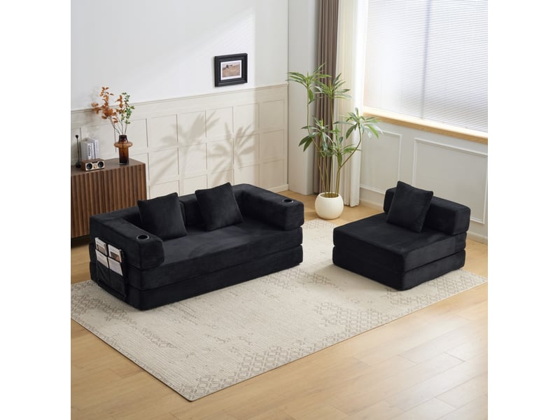 Sofa-lit de sol convertible noir - canapé-lit avec support dorsal en oreiller, accoudoirs et porte-gobelet - Conforama D