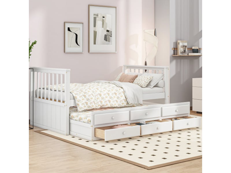  Lit simple 90x200 cm, avec lit gigogne(90x190cm) et 3 tiroirs, en pin massif et mdf, blanc, sans matelas  - Conforama B