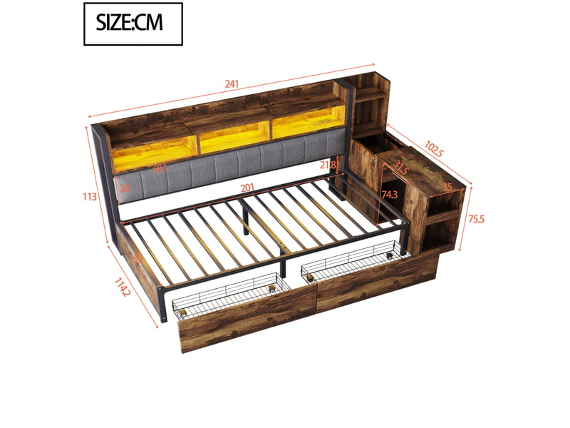  Lit multifonction 90x200 cm avec rangements, bureau coulissant, prises et led  - Conforama E