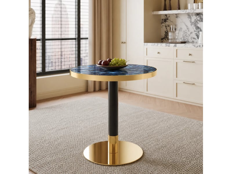  Guéridon rond ø60 cm bleu effet marbre, pied central en métal noir et doré  - Conforama E