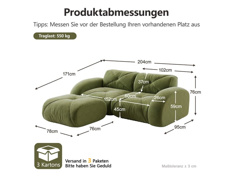  Canapé droit 2 places en tissu vert, 204 cm, avec 1 poufs W3325S00352 - Conforama C