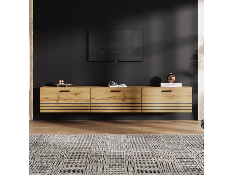  Meuble tv suspendu 160x30x25,5 cm à 3 tiroirs décor bois naturel  - Conforama D