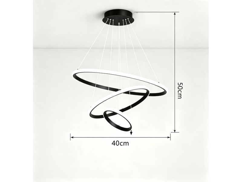  Suspension led noire à 3 anneaux dimmables pour table à manger (54 w) | luminaire suspendu réglable en hauteur avec télécommande  - Conforama C