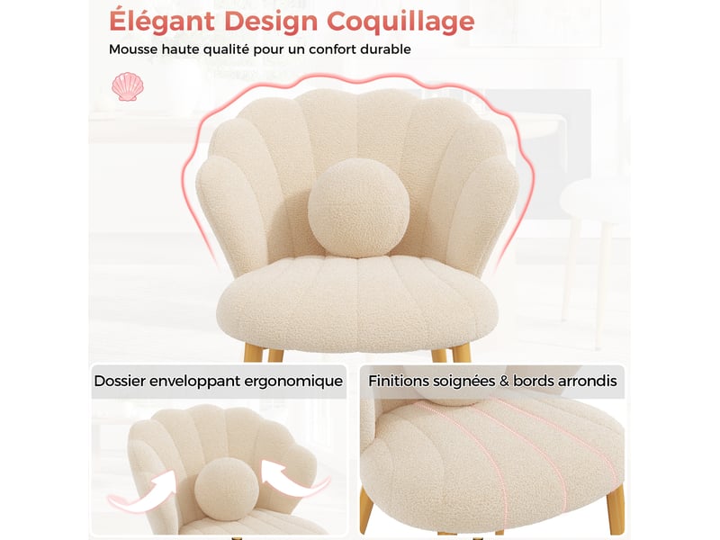  Lot de 2 chaises de salle à manger 60x62,5x83 cm, dossier coquille, coussins, tissu bouclette, pieds dorés, beige  - Conforama E