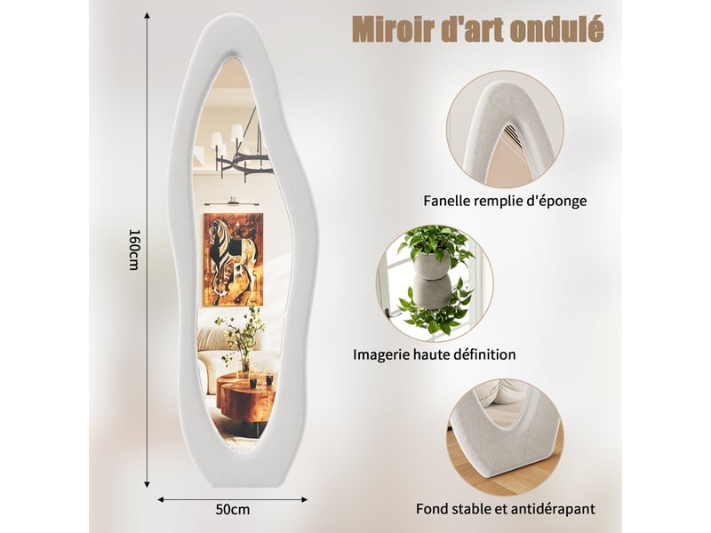  Miroir plein pied ondulé 160x50 cm, cadre en flanelle blanche, miroir au sol élégant pour chambre et dressing  - Conforama C