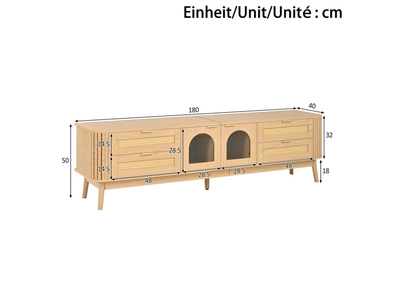  Meuble tv avec 4 tiroirs, 2 portes en verre et led contrôlée par application, pour salon, naturel, 180 × 40 × 50 cm  - Conforama D