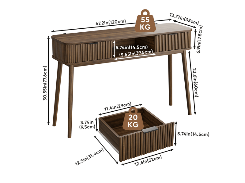  Console 120x35x77,6 cm en mdf et panneaux de particules avec 2 tiroirs aspect noyer chicfurn  - Conforama D