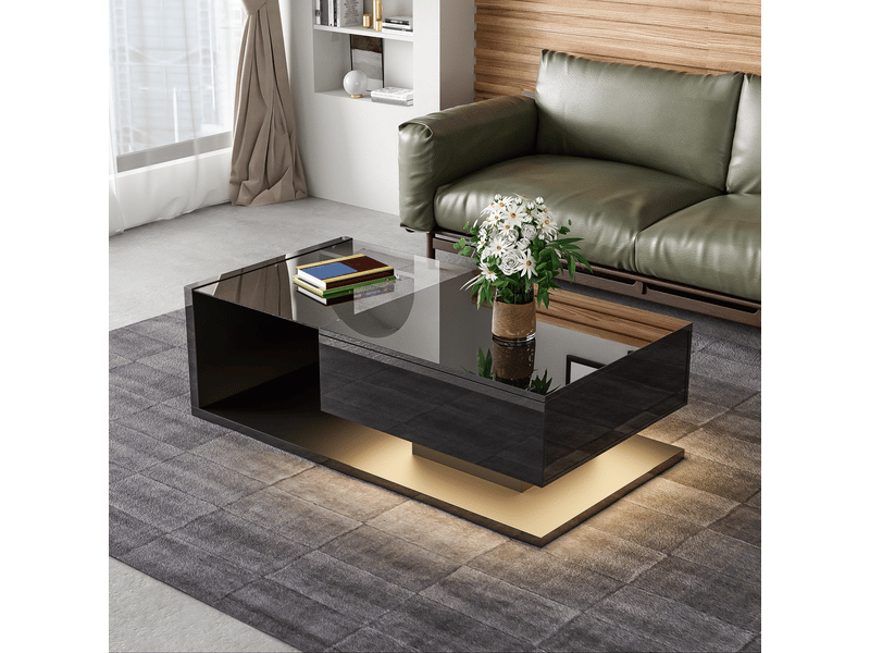  Table basse 105x55x32.5cm laquée noire haute brillance avec verre trempé et led 16 couleurs | niche ouverte | charge 30kg - noir  - Conforama B