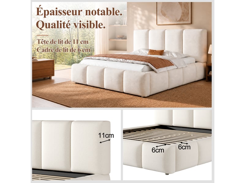  Lit double capitonné 180x200cm,lit coffre hydraulique avec grand rangement,tête de lit rembourrée,bouclé,sans matelas,blanc  - Conforama E