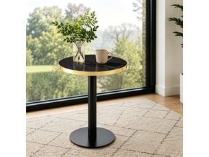 Table basse ronde avec plateau effet marbre et bord doré, piètement métallique stable, pour salon et chambre