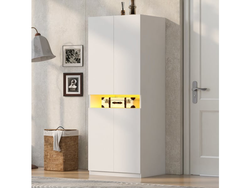  Armoire dressing 70x55x180 cm, 2 portes, grand rangement, penderie niche, led éclairée, mdf, blanc  - Conforama B