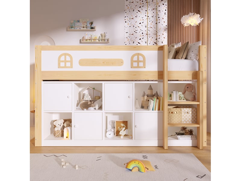  Lit mi-hauteur modenvie 90 x 200 cm avec tableau noir rangements intégrés échelle bois et mdf blanc et naturel  - Conforama D