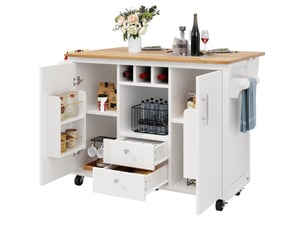 Îlot de cuisine mobile 137,9 x 73 cm avec plateau rabattable et rangements blanc