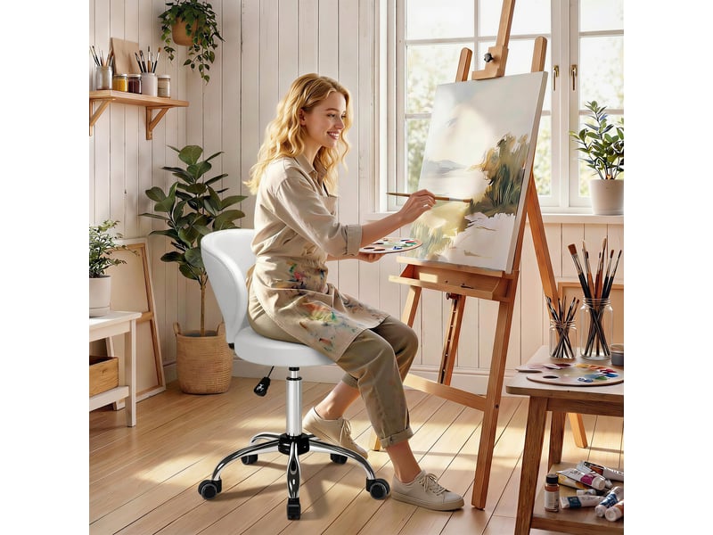 Tabouret de massage à roulettes en pu blanc avec hauteur réglable de 73 à 88 cm dossier et rotation à 360 degrés - Conforama B
