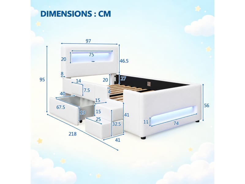  Lit enfant rembourré 90 x 200 cm, escalier, tiroir de rangement, led avec application, usb, poches latérales, pu, blanc  - Conforama C