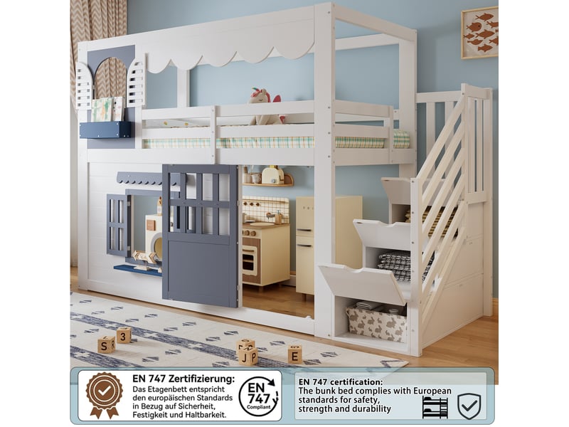  Lit surélevé enfant 90x200 cm blanc et bleu en bois, avec escalier de rangement et porte ouvrante, pour chambre d'enfant  - Conforama B