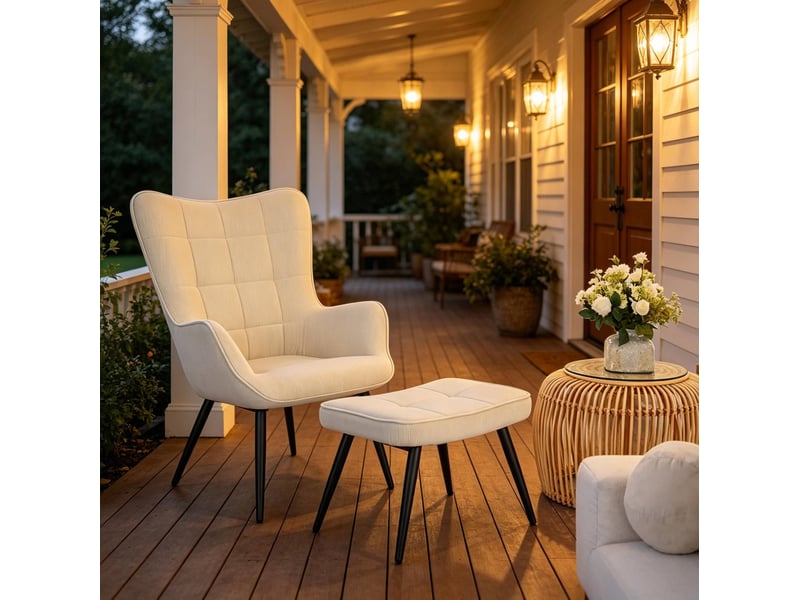  Fauteuil avec pouf en corduroy avec dossier haut et assise rembourrée, style moderne crème  - Conforama B