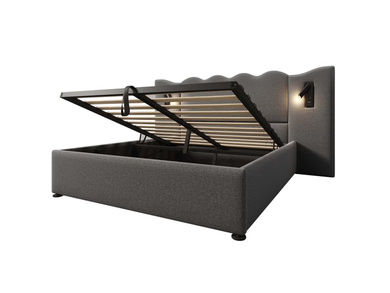 Lit coffre adulte 160x200 cm – gris – avec matelas, sommier, lampes orientables et ports usb-c intégrés - Conforama D