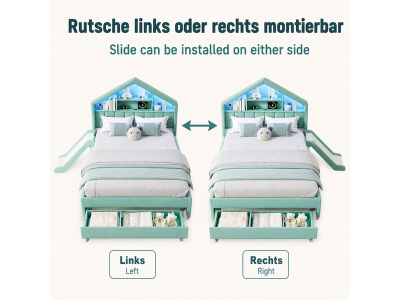  Lit rembourré pour enfants 140x200cm - avec led et port de chargement - avec toboggan - peut être installé à gauche ou à droite - velours - bleu-vert (sans matelas)  - Conforama E