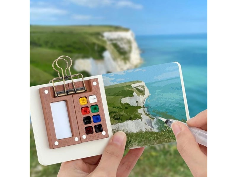 Trousse de peinture aquarelle gouache de voyage 8 couleurs palette noyer avec carnet 300 gm² 404400_AACMW44745_6_DROPFR - Conforama E