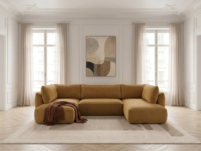 Bobochic canapé d'angle panoramique convertible esmee tissu chenille jaune angle gauche ESMEE - Conforama C
