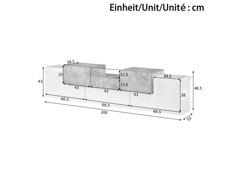  Meuble tv blancgris ciment avec tiroir central, portes, plateau verre trempé, porte pliante, charnières amorties  - Conforama C