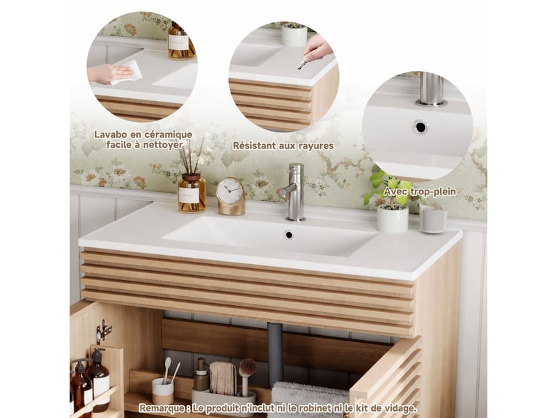  Meuble vasque 91 cm effet bois naturel avec vasque intégrée et 2 portes, 91 x 46 x 80 cm  - Conforama D
