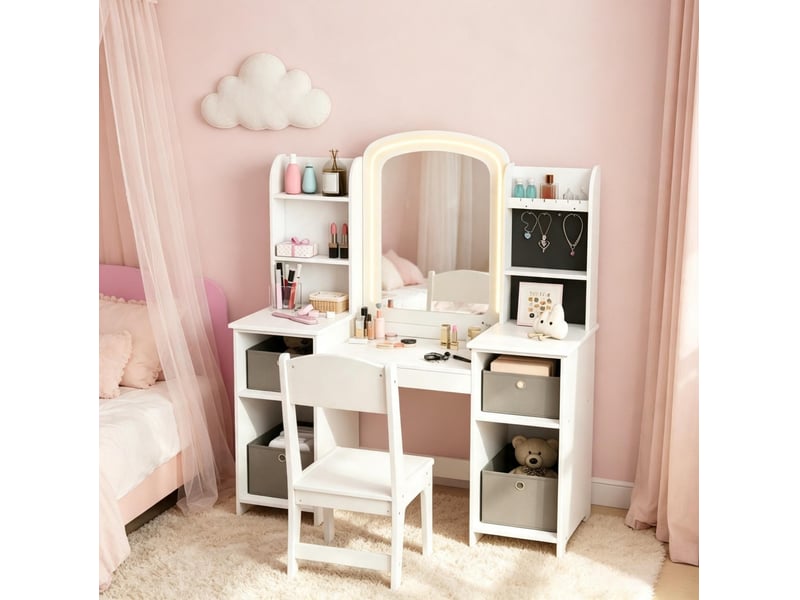 Coiffeuse enfant blanche en mdf avec miroir led et chaise, dès 3 ans, pour jeux créatifs et rangement - Conforama E