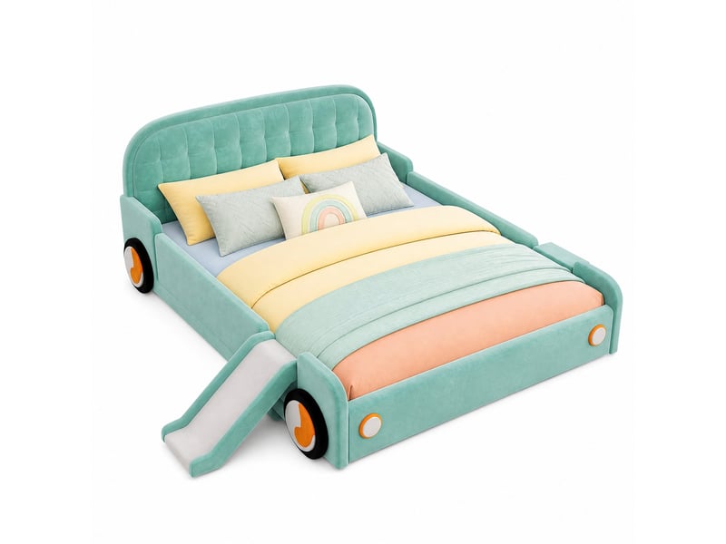  Lit enfant voiture, 140x200 cm, escalier réversibles, avec toboggan, matelas non inclus, bois, coloris bleu et vert  - Conforama A