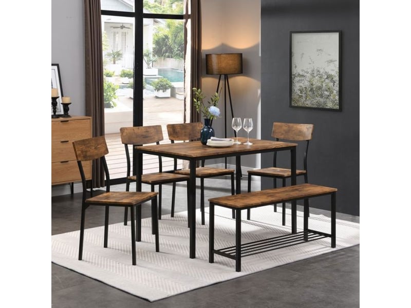 Lot de 4 chaises de salle à manger + banc - en bois et métal - ensemble de salle à manger - 6 pièces - Conforama D