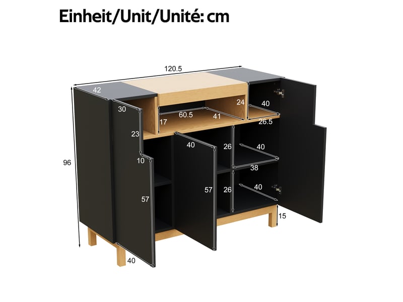 Buffet 120.5x42x96 cm à 3 portes avec niche ouverte en panneaux de particules noir - Conforama E