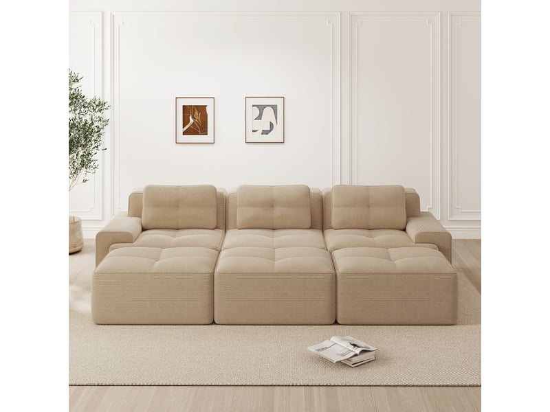  Canapé d’angle modulable 3 places avec fonction couchage - lpospi - assise profonde, velours côtelé - beige  - Conforama B