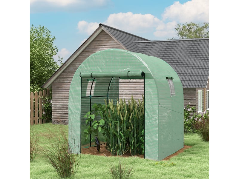  Serre tunnel avec 2 portes enroulables, 2 fenêtres grillagées et structure en acier, bâche pe 135 gm², anti-uv, verte  - Conforama D