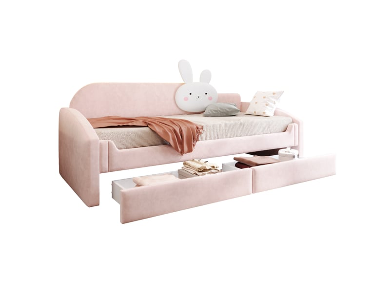 Canapé-lit enfant 90x200 cm avec coussin lapin, led, 2 tiroirs, velours rose, sans matelas - Conforama A