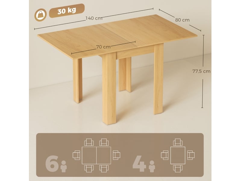 Table de salle à manger extensible pour 4 à 6 personnes avec plateau pliant et rails en acier compacte en bois naturel clair - Conforama C