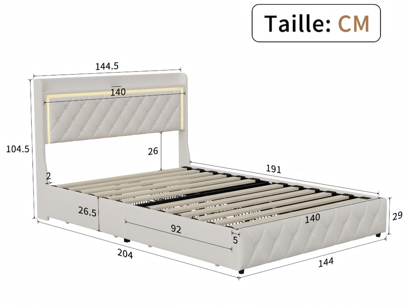  Lit coffre capitonné 140 x 190 cm - avec espace de rangement - led, ports usb et type-c -  velours  - Conforama C