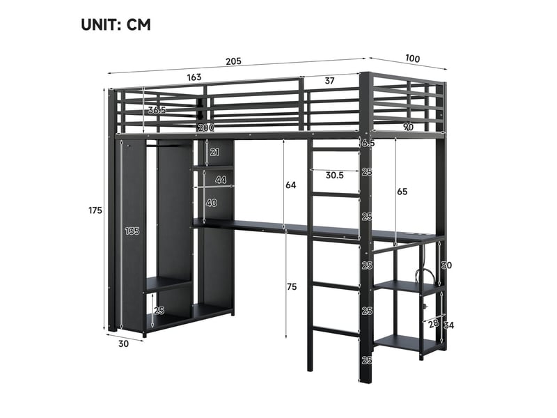  Lit mezzanine en fer noir 90 x 200 cm avec bureau étagères et éclairage led  - Conforama C
