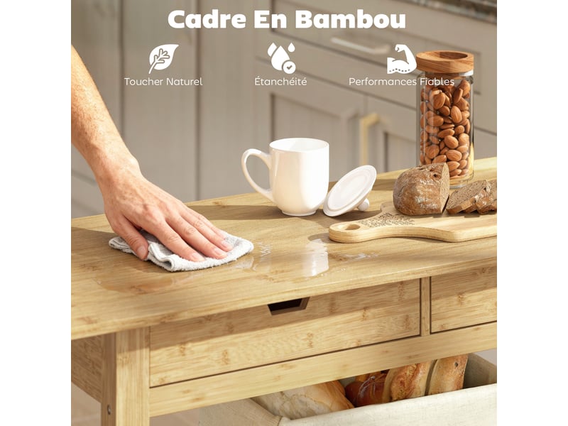  Desserte de cuisine à roulettes en bambou, chariot de cuisine avec 2 tiroirs, 2 étagères, bois naturel, 100 x 43 x 75 cm  - Conforama E