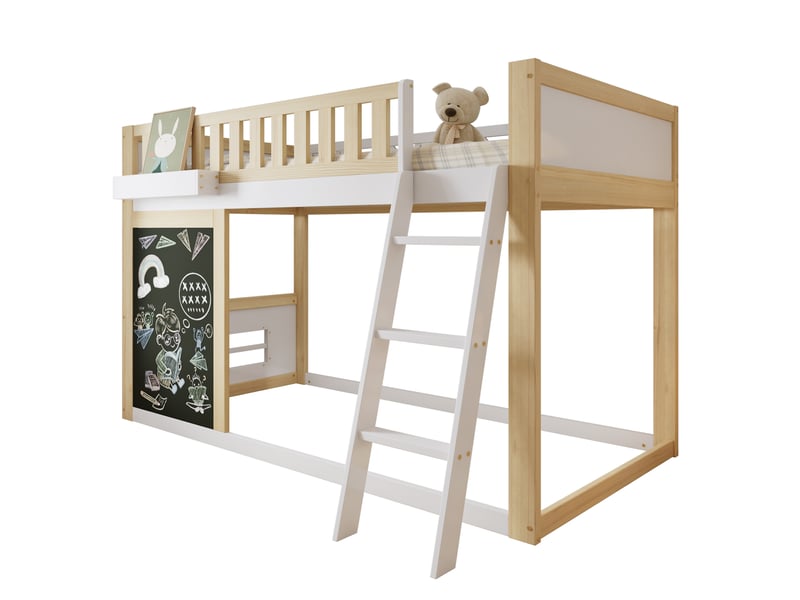  Modenvie lit mezzanine enfant 90x200 cm - avec tableau, rangement et echelle inclinee - bicolore  - Conforama A