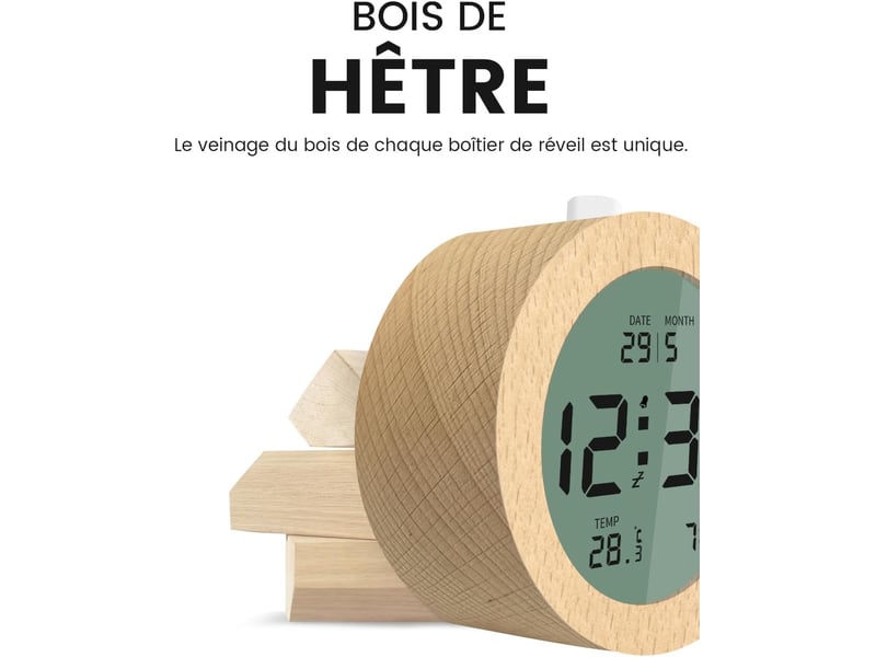  Réveil numérique, réveil en bois avec affichage de la température et fonction de répétition de l'alarme (snooze)  - Conforama C