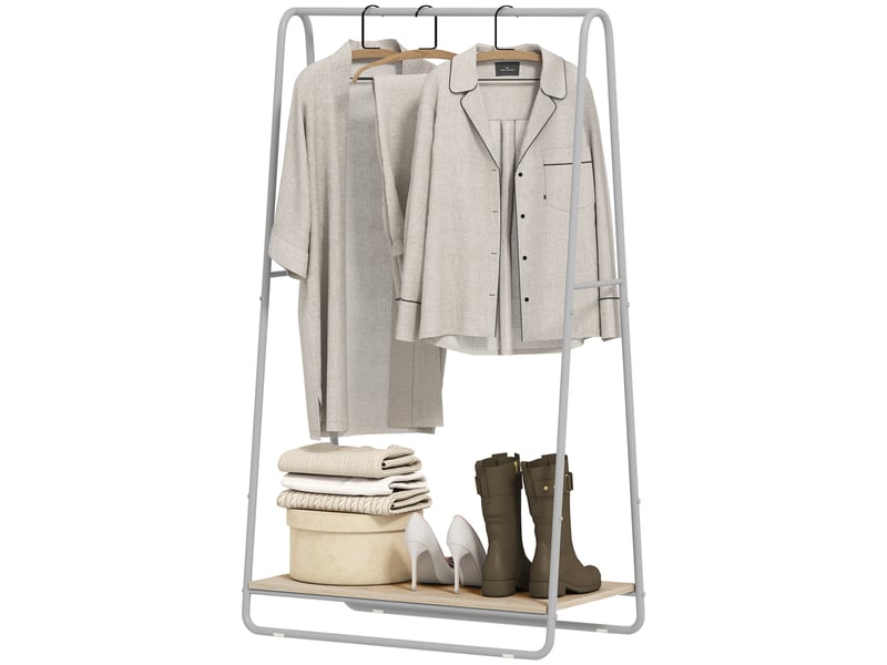 Portant à vêtements 3 en 1 avec étagère à chaussures, barres supérieures et latérales, structure en métal naturel et gris - Conforama B