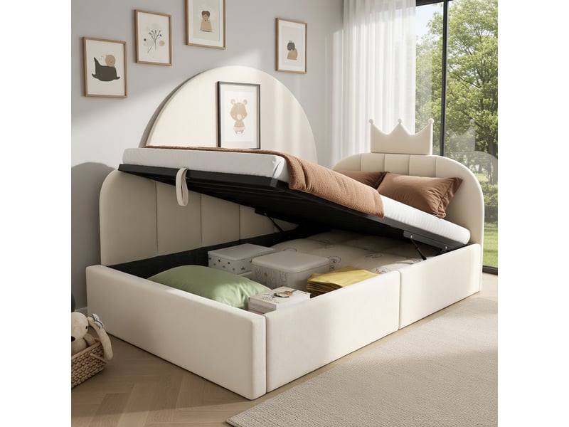  Canapé-lit pour enfant 90 x 190 cm, avec rangement hydraulique, en velours, beige  - Conforama D