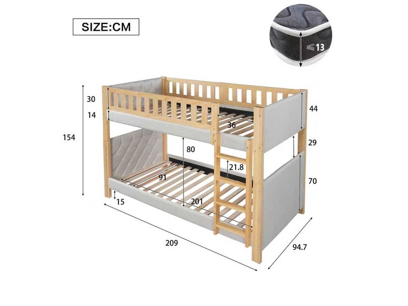  Lit superposé enfant 90x200 cm – gris et naturel – escalier 4 marches, bords souples - sans matelas  - Conforama C