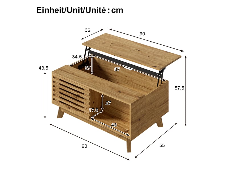  Table basse rétro moderne, plateau réglable en hauteur, porte coulissante à persiennes, aspect bois, structure en mdf, table de salon multifonctionnelle  - Conforama C
