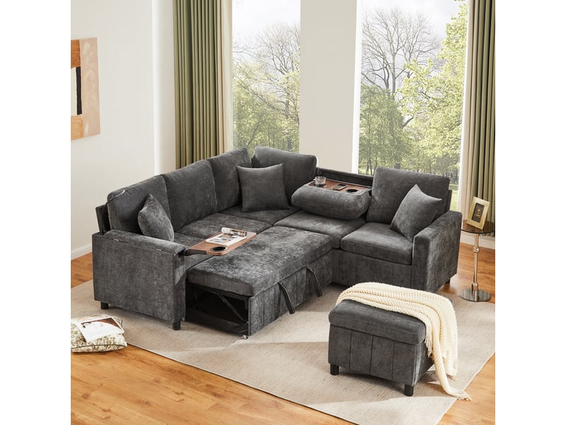  Canapé d’angle convertible avec table, lampe et ports usb type-c  - rangement, chenille gris, 205 × 205 × 85 cm  - Conforama B