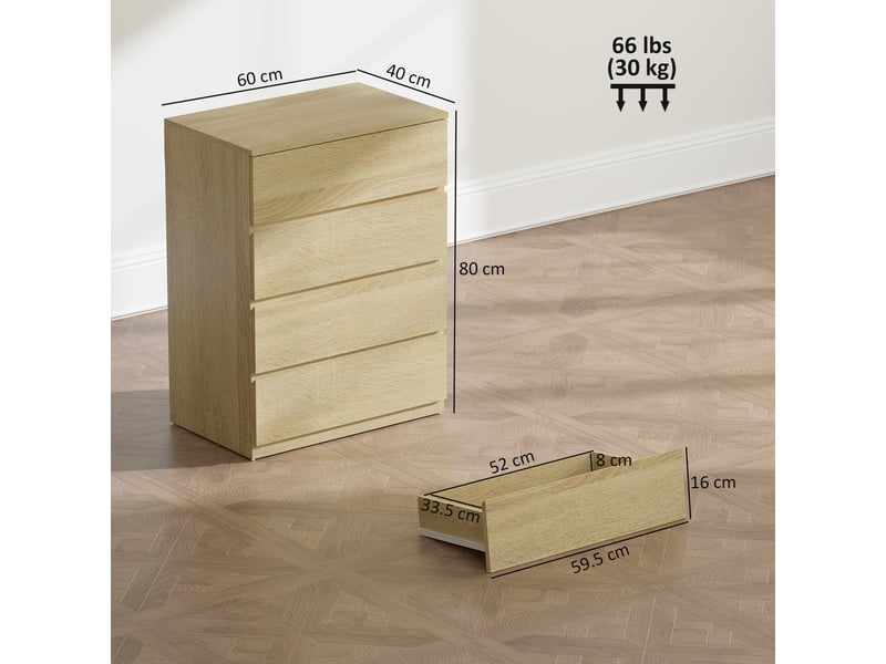  Commode en bois à 4 tiroirs avec glissières métalliques et poignées rainurées, 60 x 40 x 80 cm, couleur hêtre  - Conforama E