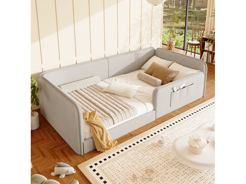  Lit simple 90x200 cm cadre rembourré avec poches en lin beige  - Conforama B