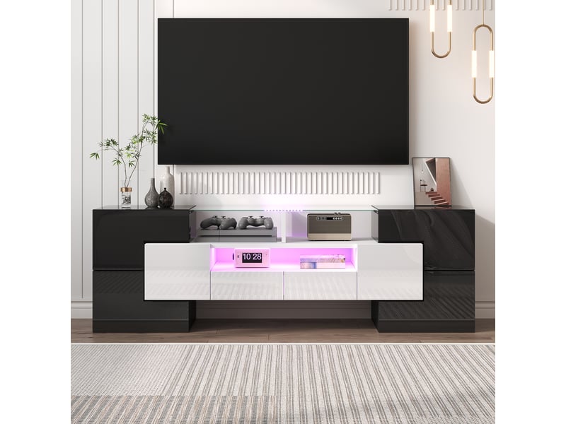  Meuble tv avec 6 portes, 2 tiroirs et 3 niches led pour salon 145×30×51 cm blanc et noir  - Conforama B