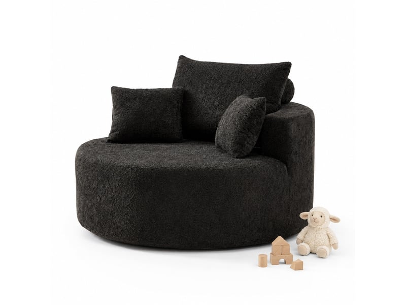 Fauteuil de repos 1 place en mousse avec coussin cylindrique, sans montage, en chenille noir, 127 × 127 × 82 cm - Conforama A